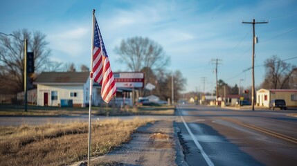A poignant image of the American flag at a small town's welcome sign, capturing the essence of small-town America and its patriotic spirit, isolated background