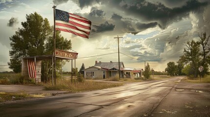 A poignant image of the American flag at a small town's welcome sign, capturing the essence of small-town America and its patriotic spirit, isolated background - obrazy, fototapety, plakaty