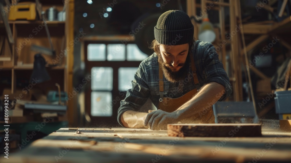 Poster a man in a hat and apron is working on a piece of wood