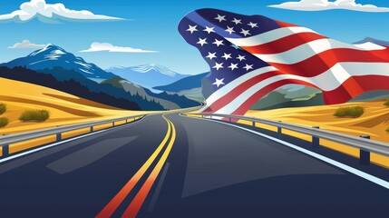 A picturesque depiction of a road bending around the majestic view of an American flag, symbolizing freedom and adventure, against an uncluttered background