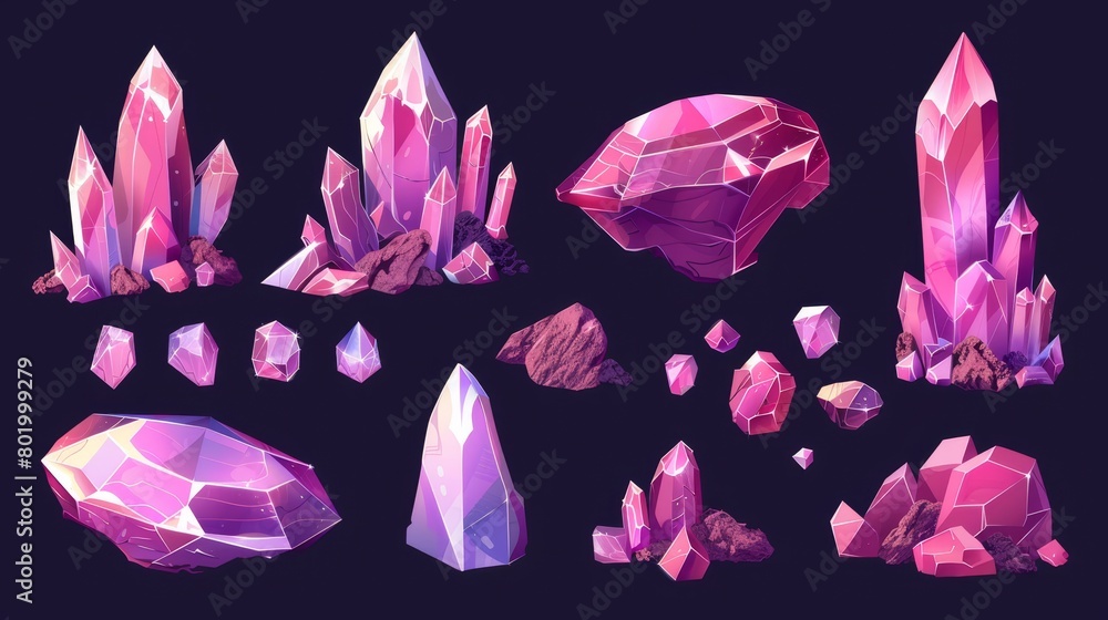Poster game level rank ui design with clusters of pink shiny gemstone crystals. cartoon assets of piles of 