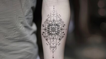 A geometric tattoo featuring a mix of sacred geometry and personal symbols, captured in high detail against a simple backdrop