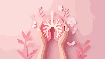 Female hands with paper lungs on pink background. Ban