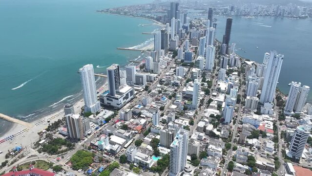 Bocagrande At Cartagena Bolivar Colombia. Aerial Beach Cartagena Bolivar. Business Sky Downtown Cityscape. Business Outdoor Downtown Backgrounds Panoramic City.