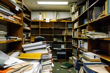 Cluttered Research Library Filled with CBRN Textbooks and Papers Highlighting Scientific