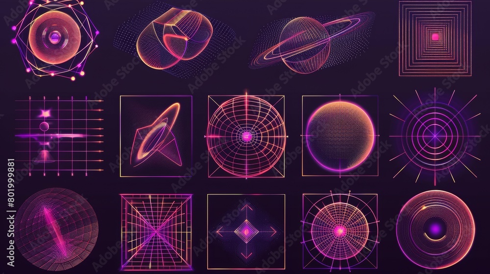 Poster a set of geometric forms and symbols for retro futuristic 2000s and brutalism style design. simple c
