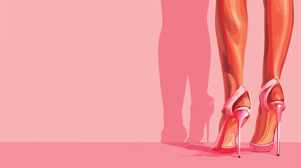 Female legs in stylish high heeled sandals on pink background
