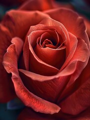 A closeup of the center of an elegant red rose, focusing on its intricate petals and vibrant color, symbolizing love and romance for Valentine's Day. Generative AI.