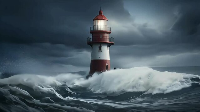 a lighthouse in the middle of a terrible storm, heavy rain and violent waves. hyper-realistic, in a island. master photography, sea waves