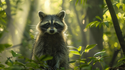 A raccoon peeks at the camera in the middle of a natural forest with morning sunlight