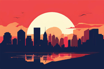 City Skyline at Sunset Illustration. City landscape. city buildings skyline modern architecture sunset cityscape background design. vector illustration.