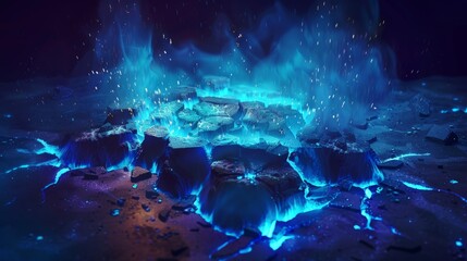 Crack in the ground or floor surface with a blue flare. Realistic modern illustration of fractured molten terrain with bright cold energy lighting and smoke.