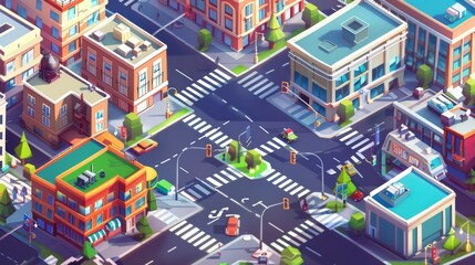 Street landscape with intersections of roads and corner of multistorey buildings. Cartoon modern illustration of cityscape with high rise houses and asphalt highway with crosswalks.