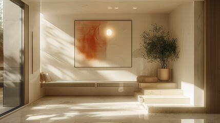 Modern entryway with conceptual natural light, minimal, small space with an art frame in the wall. Generative AI.