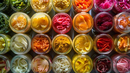 A vibrant collection of assorted fermented foods displayed in clear glass jars, featuring a...