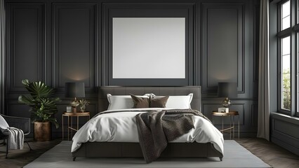 Luxurious bedroom with dark gray walls bed and blank mockup background. Concept Bedroom Decor, Luxury Design, Gray Walls, Blank Mockup Background, Interior Design