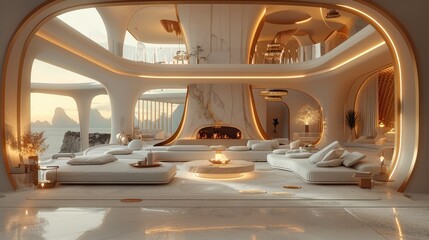 Obraz premium Futuristic palace, modern living room with large windows, eye level, Night time, fireplace and white and gold furniture, warm light inside the house, evening time. Generative AI.