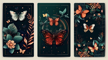 Retrowave posters with elegant floral decoration, butterflies on a green and black background, retro futuristic flashback vibe flyer set.