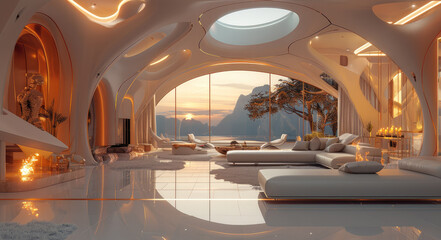 Obraz premium Futuristic palace, modern living room with large windows, eye level, Night time, fireplace and white and gold furniture, warm light inside the house, evening time. Generative AI.