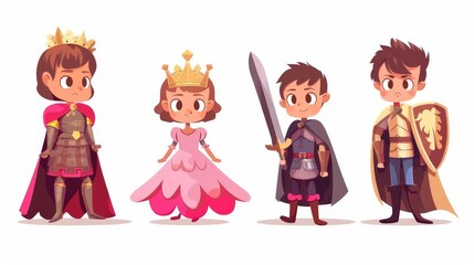 A cartoon modern of cute children dressed in fairytale costumes. One is a little girl princess in pink puffy dress, red shoes, and a golden crown on her head. The other is a boy knight wearing red