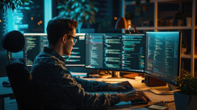 A software developer works on code late into the night, illuminated by the glow of multiple computer screens in a modern office. AIG41