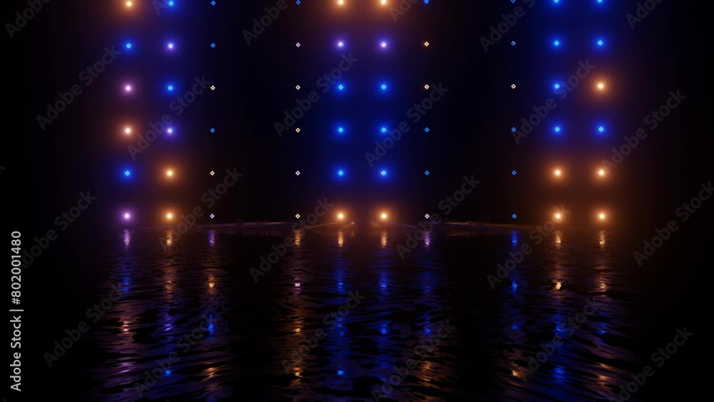 Poster neon design blue purple pattern form wall 4k video with various neon elements and a reflecting floor