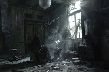 Room with a lot of debris and a window. Mystical background. 