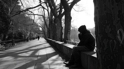 A black and white photo of a person sitting on a curb next to a row of trees. - obrazy, fototapety, plakaty