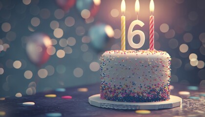 Celebratory cake with  6  candle, balloons, and party decor for birthday or anniversary