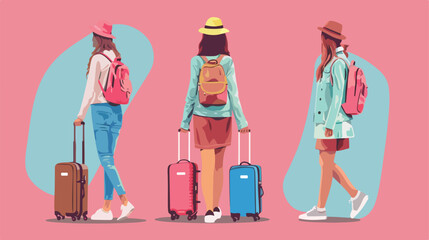 Female tourist with luggage on color background Vector