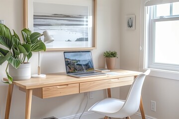 A wooden desk  in the living room interior background in boho style