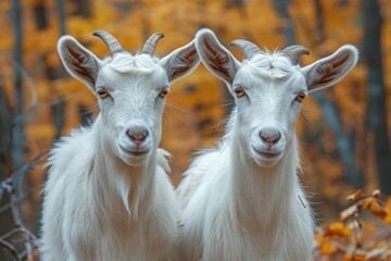 Fototapeta premium Two identical white goats with piercing eyes standing amid vibrant yellow autumn leaves, looking directly at the camera