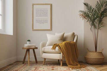 A comfy chair in the living room interior background in boho style