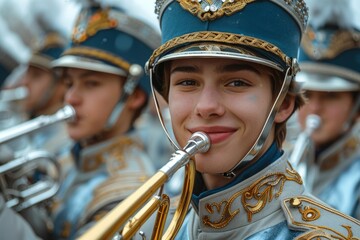 Young musician with a confident expression playing trumpet in a marching band