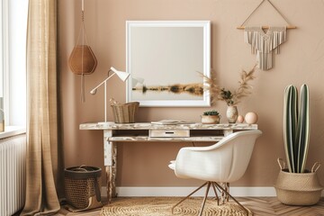 Minimalist home office interior close up in boho style with a large windows