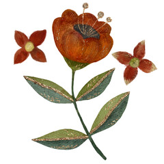 Three dark red decorative flowers with green leaves, watercolor isolated object on white background