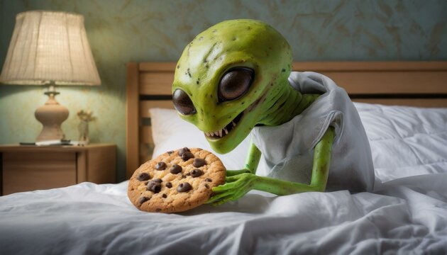 Alien eating chocolate chip cookies in bed.