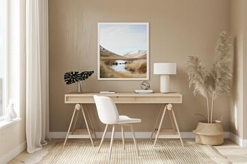 The photo shows a home office with a beautiful landscape painting on the wall