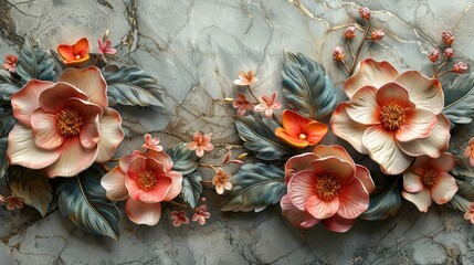 Obraz premium Ornate Magnolia Relief on Textured Marble Wall Art