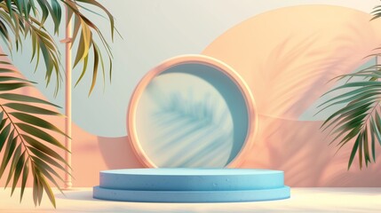 A round podium in an oval window decorated with palm trees in pastel colors on a pastel background with wave-shaped lines, an empty stage for presenting products.