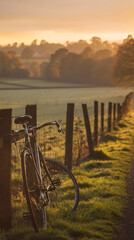 bicycle leaning against a wooden fence on the outskirts of a town at golden hour with background featurin softly blurred fields extending towards a line of trees and late afternoon sun 
