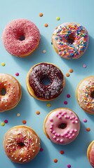 Assorted mouth-watering donuts in icing and sprinkles on a blue background