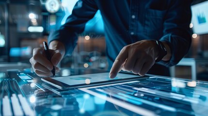Focused Man Working on Innovative Project Using High-Tech Tablet in Modern Office Setting