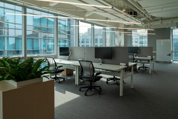 Interior of modern empty office building.Open ceiling design.Equipped with automatic lifting table...