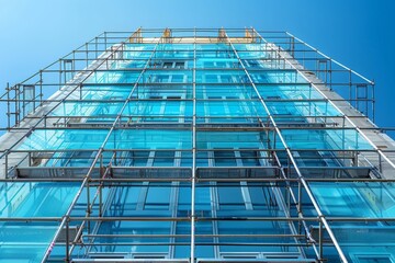 Obraz premium A clear blue sky sets the background for a modern building enveloped in metal scaffolding, showcasing urban development