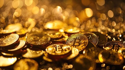 A gold-colored Bitcoin coin is in the foreground with an out of focus background of blue and yellow lights.