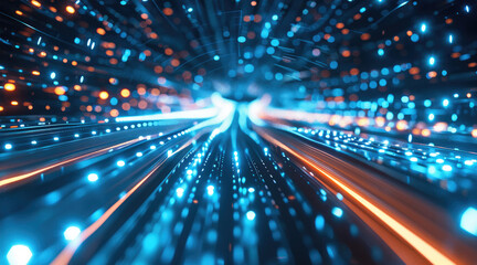 Fototapeta premium 3D rendering, futuristic sci-fi technological abstract background with blue and white color scheme, holographic display of highway traffic flow data on glass surfaces. Generative AI.