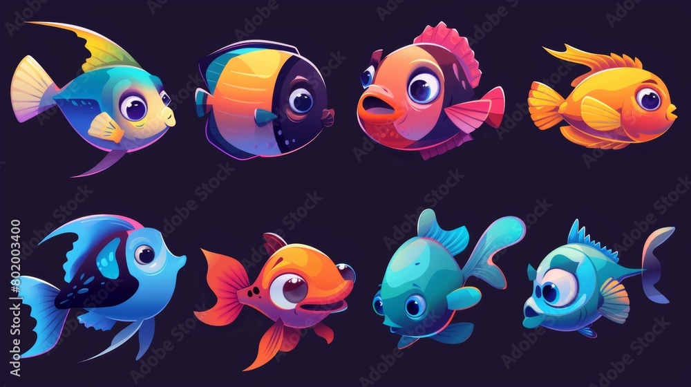 Wall mural Cartoon fish with fins and smiling lips. Modern illustration set of underwater fish and creatures from an aquarium or marine habitat.