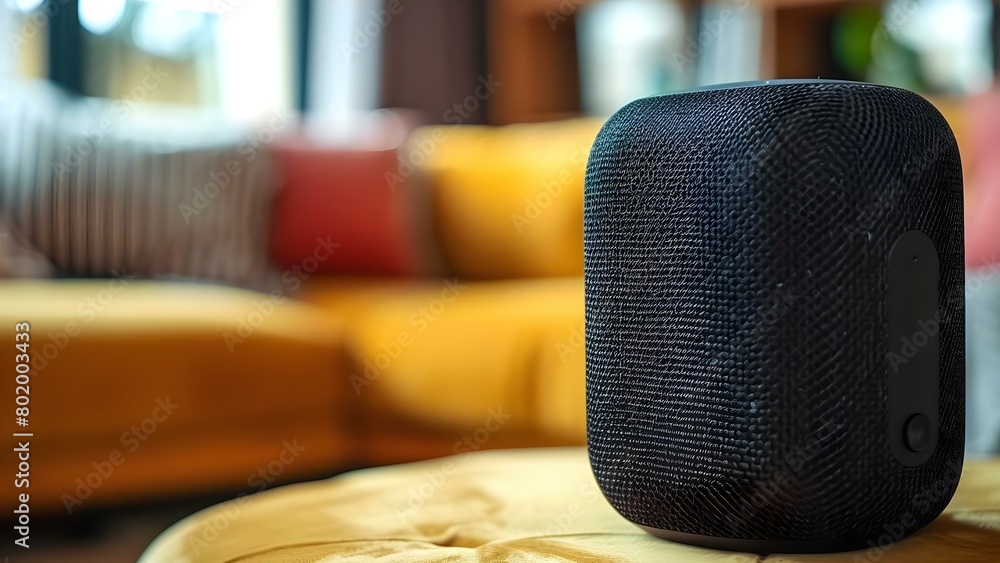 Poster close-up of a smart portable wireless speaker for home automation: a high-tech sound solution. conce