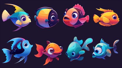 Cartoon fish with fins and smiling lips. Modern illustration set of underwater fish and creatures from an aquarium or marine habitat.